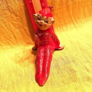 Set of 3 Vintage 1950 Ceramic Christmas Elves Red with Gold Glittery Glaze